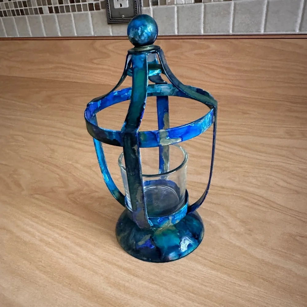 Handcrafted blue metal lantern votive holder with glass cup decorative accent
